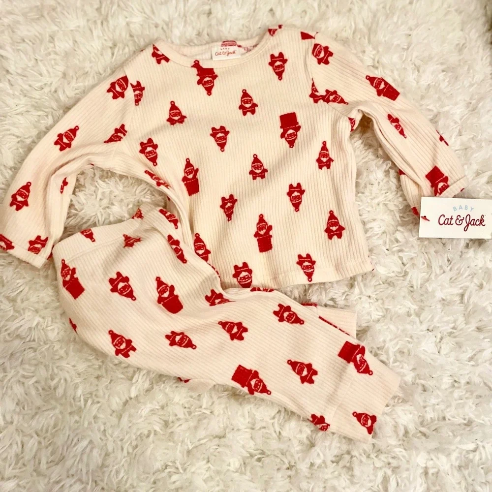 Baby Cat and Jack Pajamas Set Long Sleeve Pants Santa Print Cream Red Size 12M